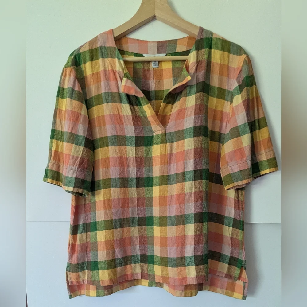 L.L. Bean Signature Medium Linen Blend Splitneck Shirt, "Beeswax" Plaid - Picture 1 of 12
